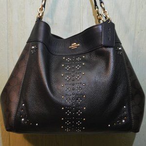 Coach Lexy Rivet Stud Silver Gold Signature Black Leather Bag f32977